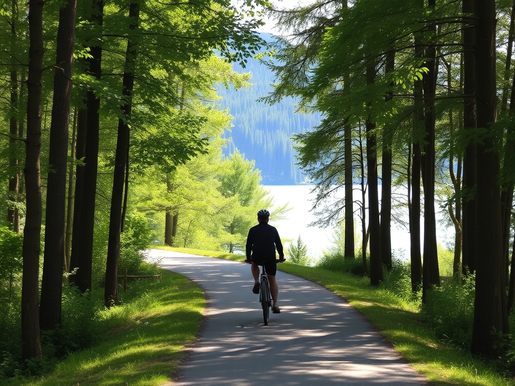 Lightfoot Trail cycling path forest and lake views, cyclist riding, green trees, peaceful outdoor scene