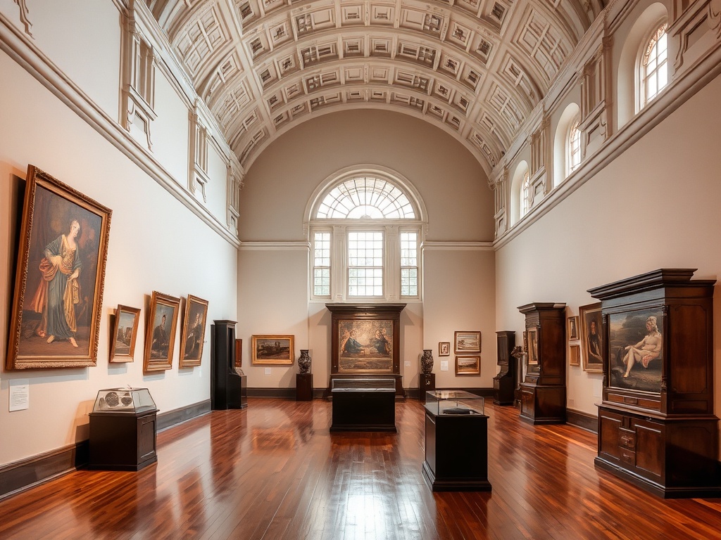 Orillia Museum of Art and History interior gallery, historic building, art exhibits, soft lighting