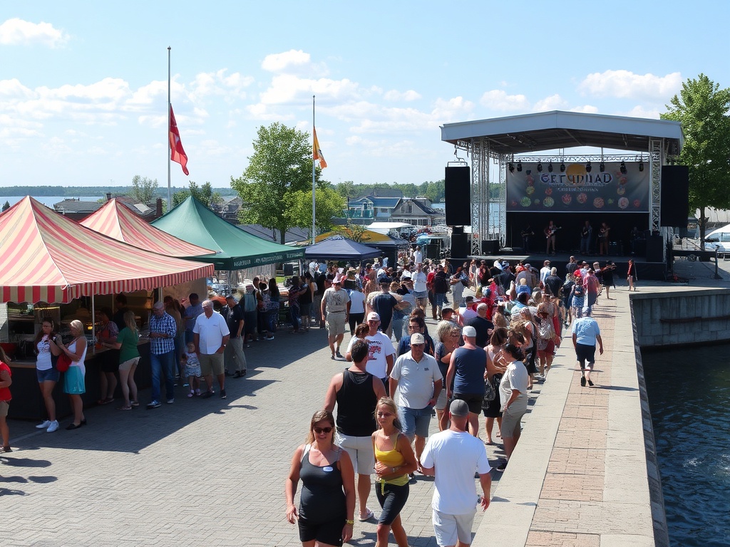 outdoor festival Orillia waterfront, food vendors, live music stage, crowd enjoying sunny day