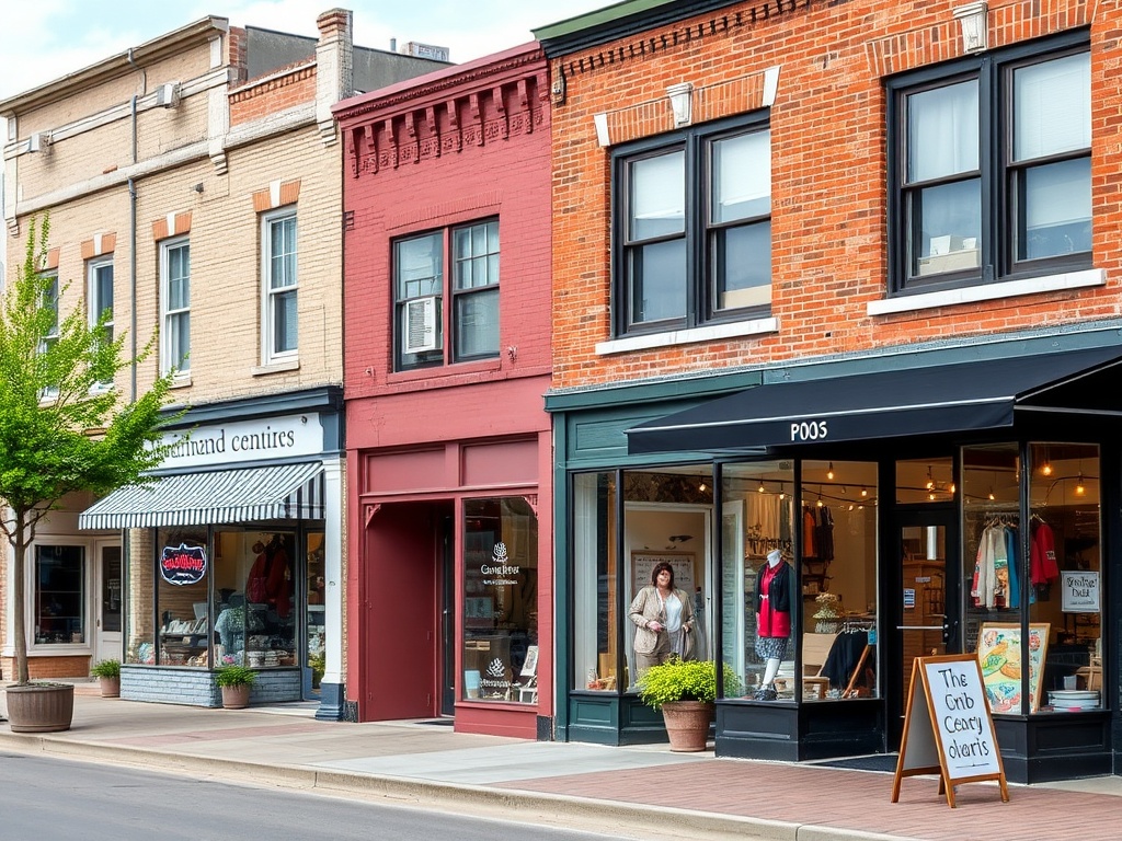 small independent shops downtown Orillia, boutique storefronts, colorful windows, quiet street
