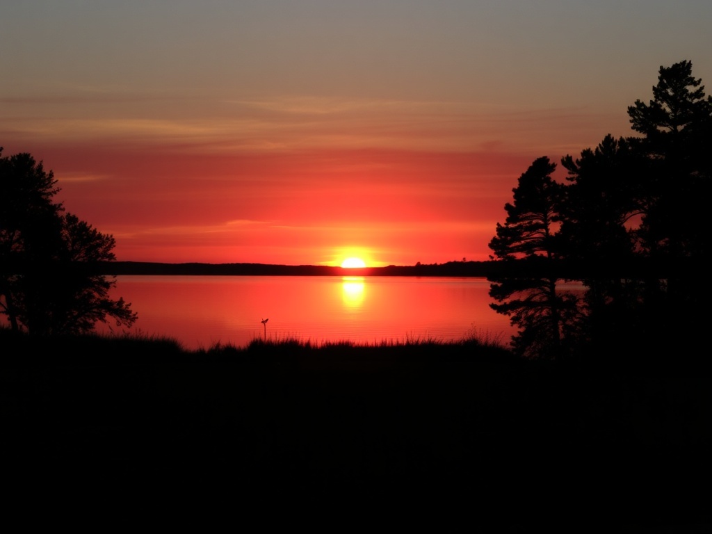 sunset over Lake Couchiching, orange sky reflecting on water, silhouettes of trees, calm evening