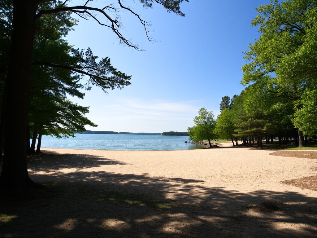 Tudhope Park peninsula view Lake Couchiching, sandy beach, trees, wide open sky, peaceful scene