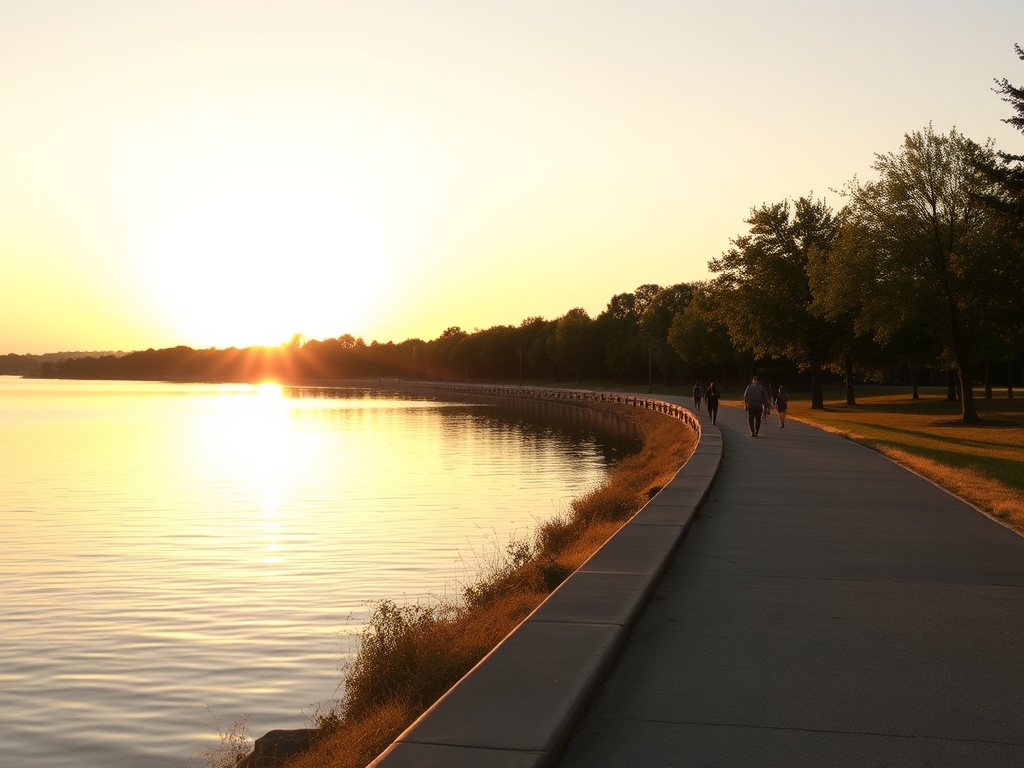 warm golden hour sunlight over Lake Couchiching waterfront trail, calm water reflections, people walking, soft orange sky