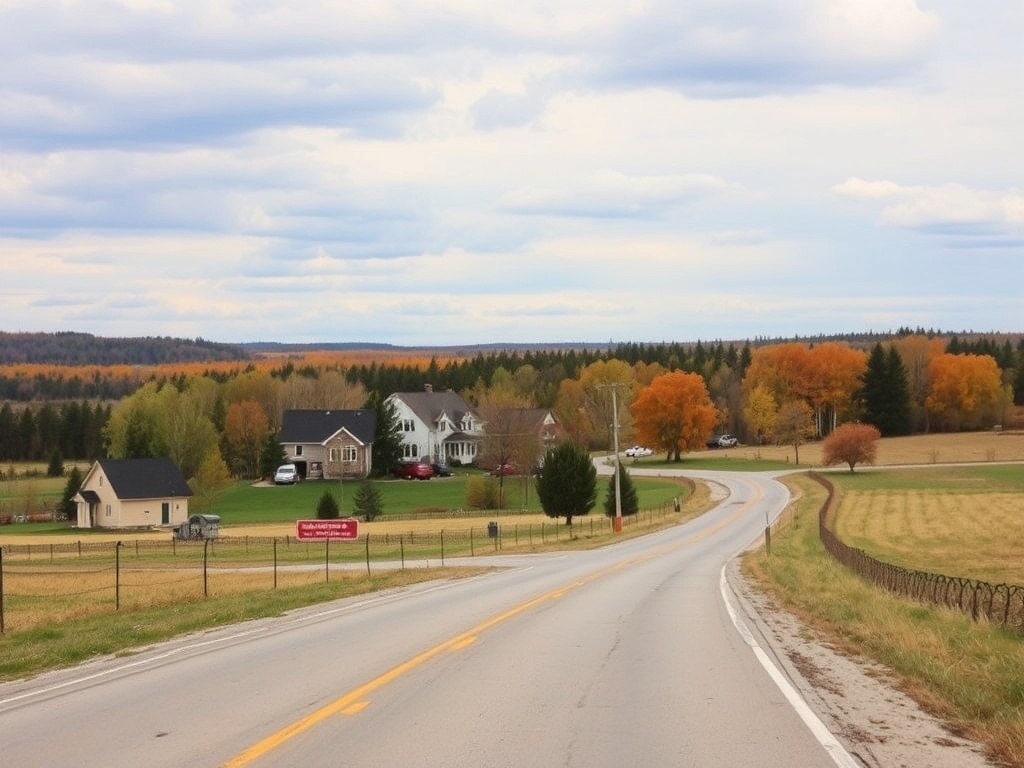Oro-Medonte rural landscape with homes, trees, and quiet roads, everyday Ontario life