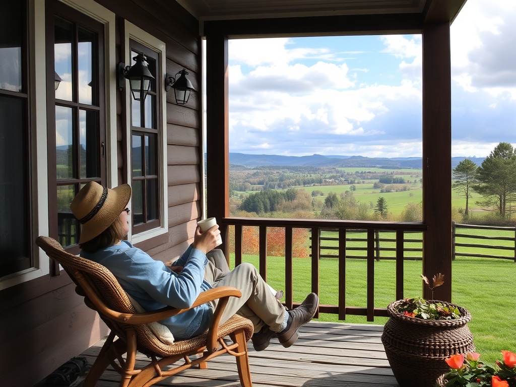 person relaxing on porch in countryside with coffee calm environment