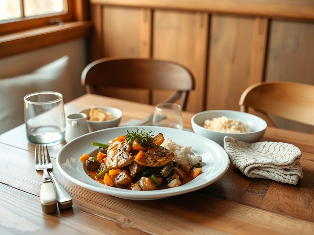 simple local Ontario meal on wooden table with natural lighting, cozy setting