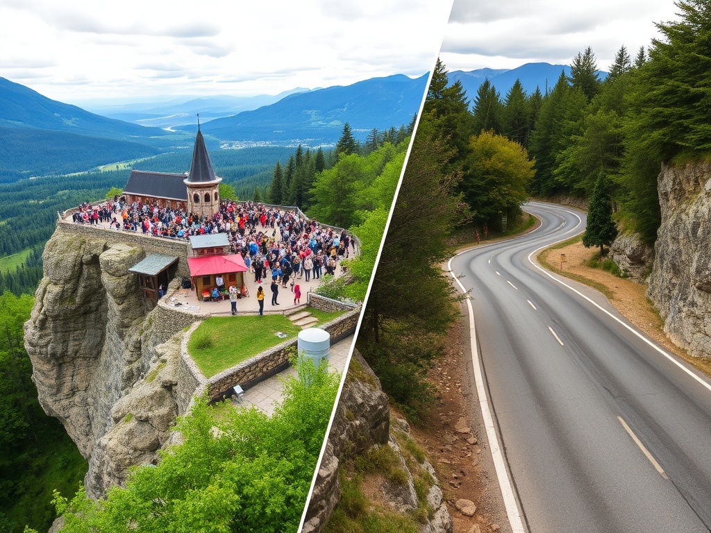 busy overcrowded tourist viewpoint contrasted with quiet empty scenic road in Oro-Medonte