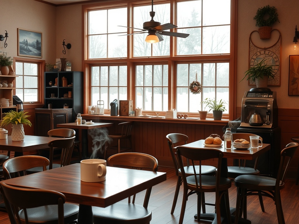 cozy Ontario countryside cafe interior warm lighting wood tables fresh baked goods coffee steam