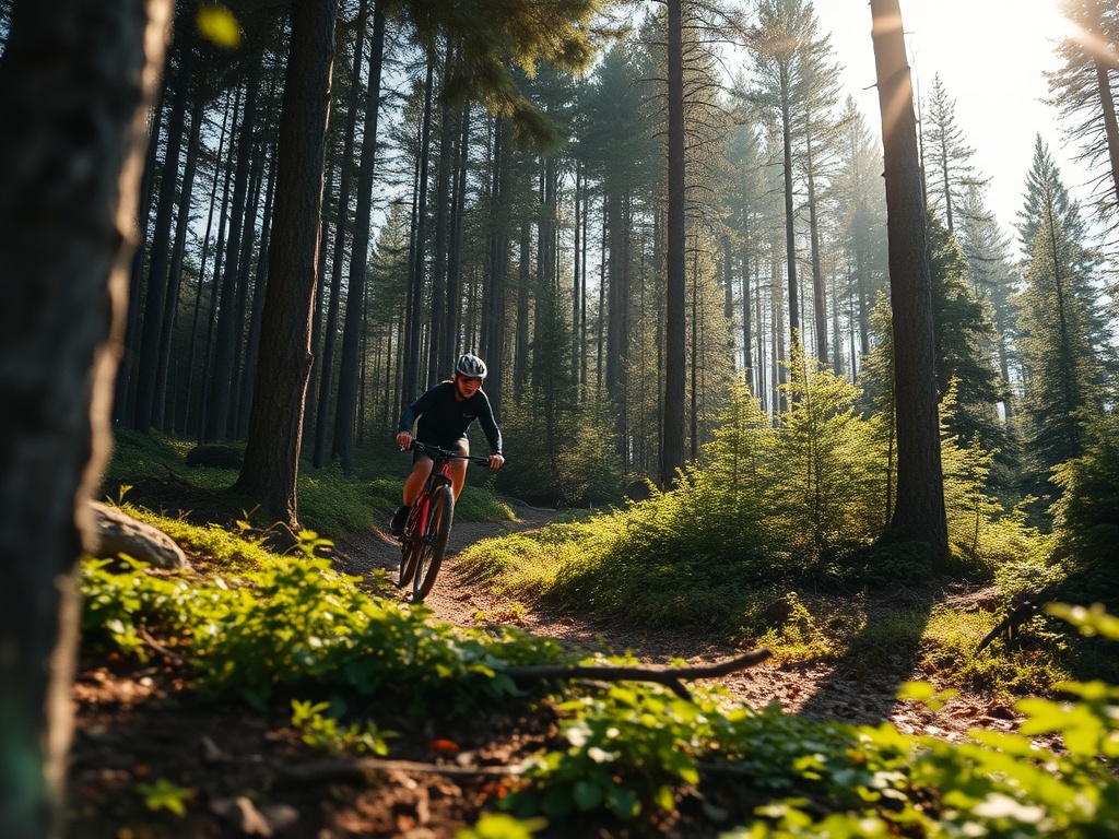mountain biking trails Hardwood Ski and Bike with riders navigating forest paths in summer light, dynamic action shot