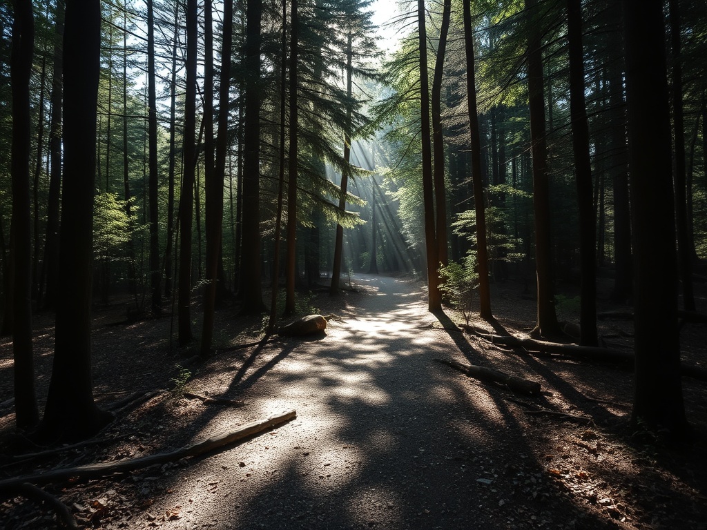 quiet hidden trail in Oro-Medonte forest sunlight filtering through trees peaceful empty path