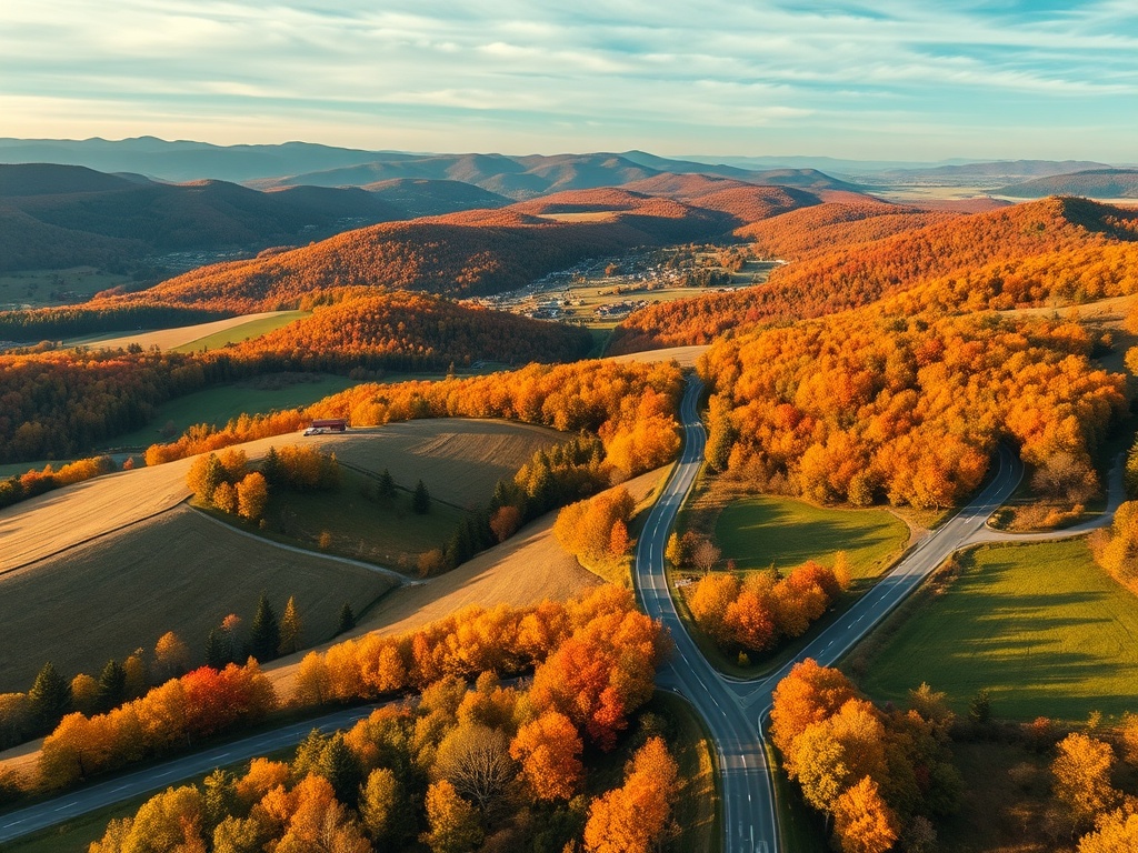 rolling hills of Oro-Medonte with fall colors, rural roads, farmland and forests under golden sunlight, cinematic wide angle