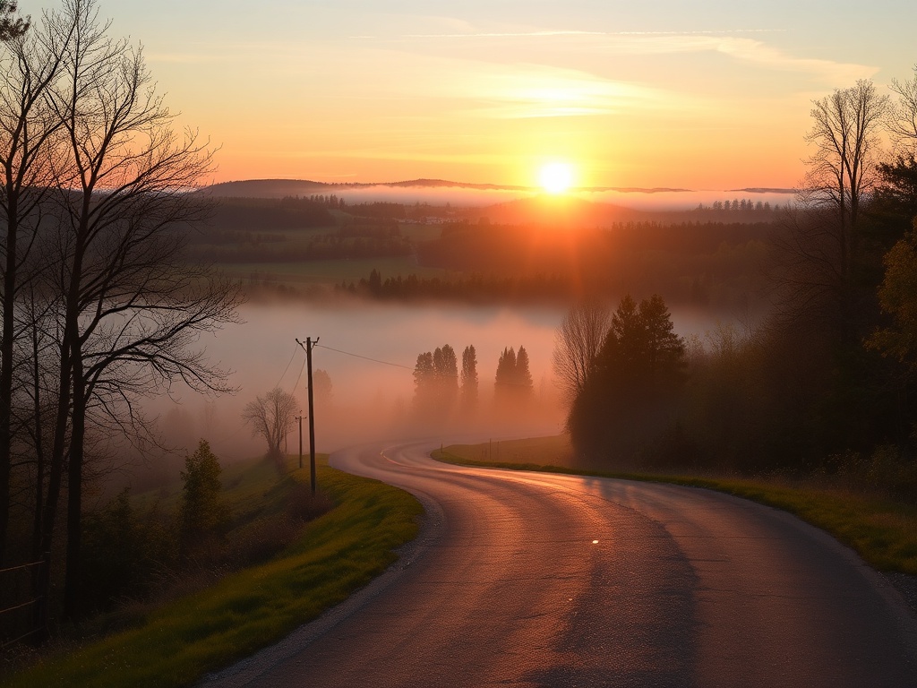 sunrise over rural Ontario hills morning mist peaceful scenic road golden light