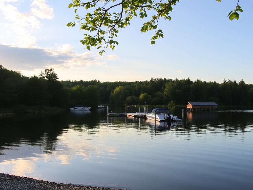Lake Simcoe shoreline calm water with cottage docks soft afternoon light Ontario
