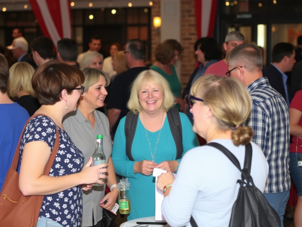 local community event small town Ontario people chatting casual friendly atmosphere