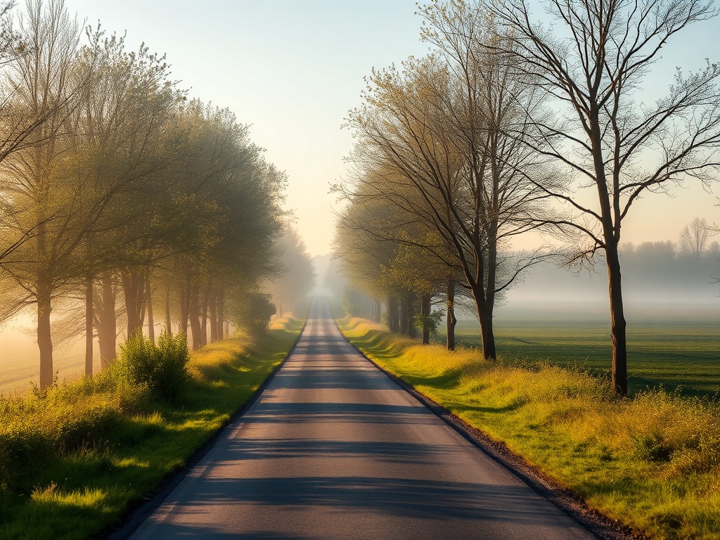 quiet rural road in Oro-Medonte Ontario lined with trees, early morning mist, peaceful countryside