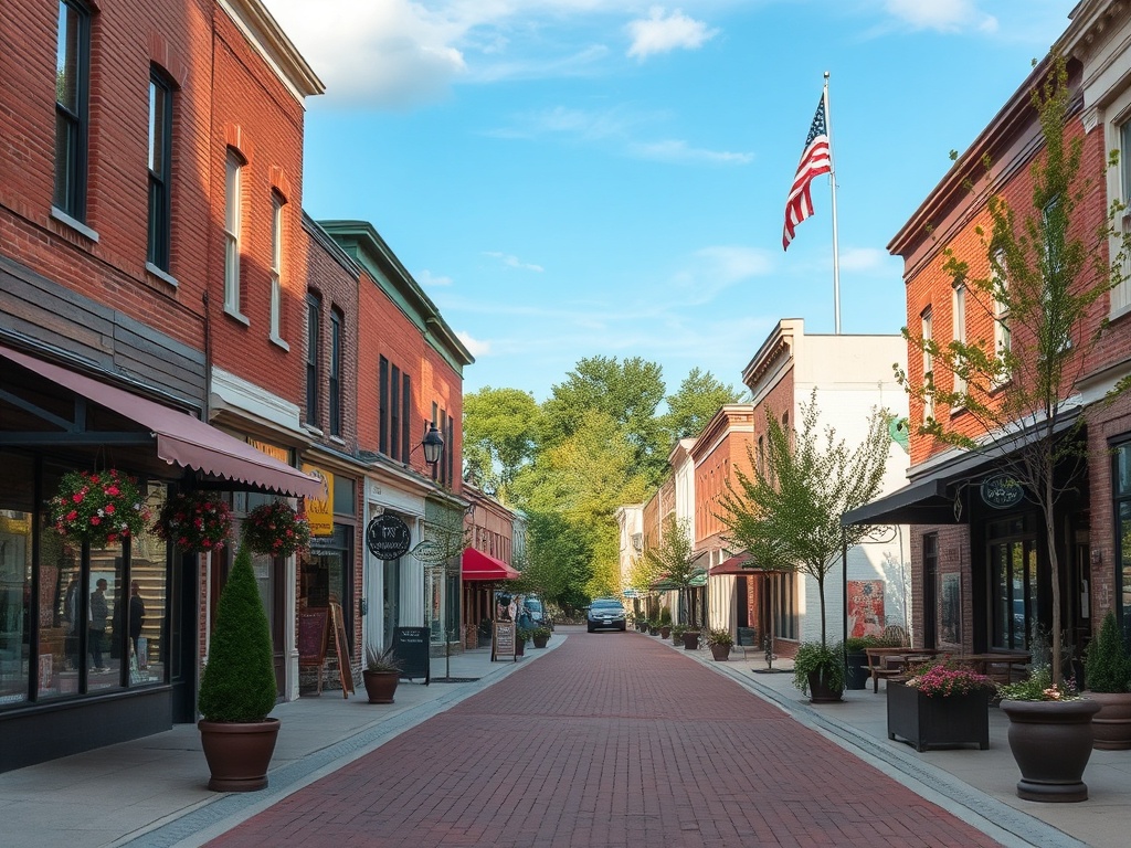 small Ontario town center with local shops calm street no crowds relaxed atmosphere