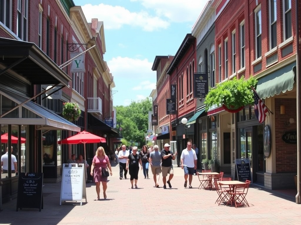 downtown Owen Sound street scene, small shops, patios, people walking casually, summer afternoon vibe