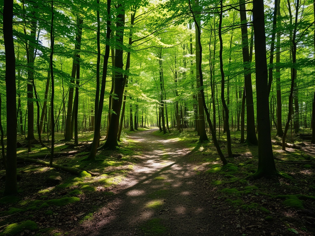 hidden forest trail near Owen Sound with dappled sunlight, mossy ground, no people, peaceful atmosphere