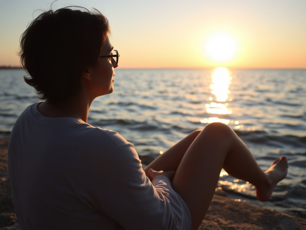 person sitting by Georgian Bay in afternoon light, relaxed posture, gentle waves, peaceful reflective mood