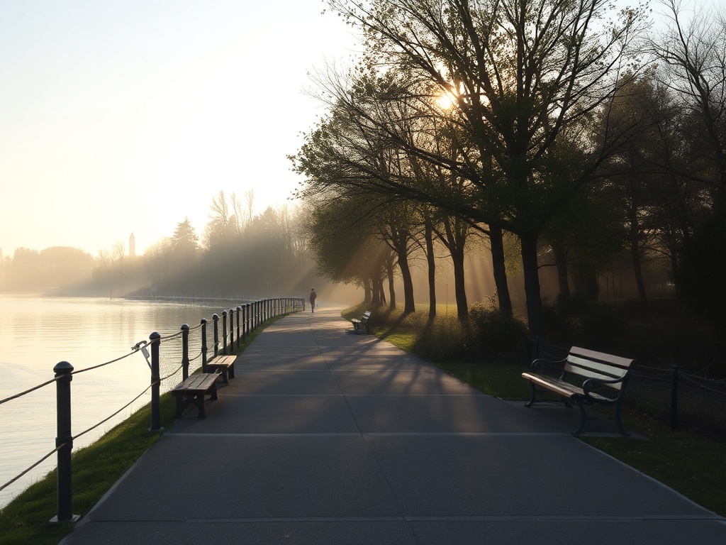 quiet waterfront path in Owen Sound early morning, empty benches, light fog, soft golden sunlight filtering through trees