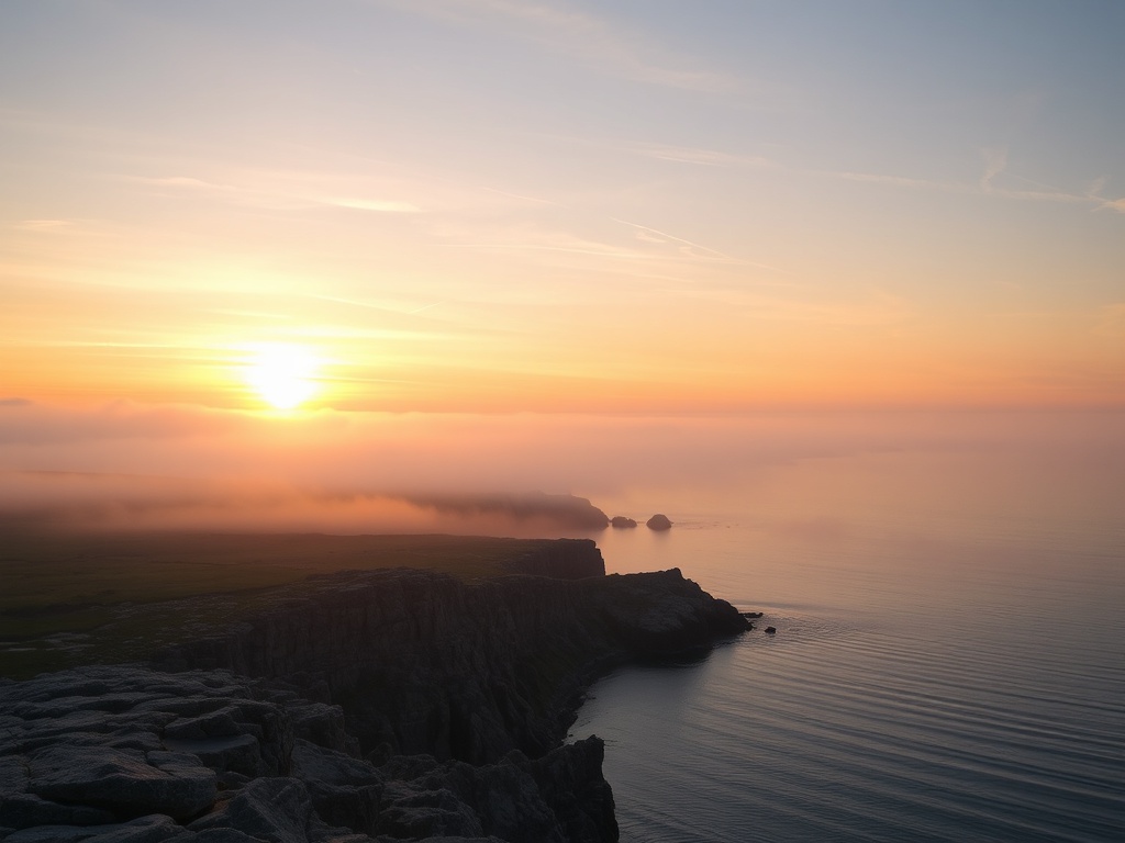 sunrise over Georgian Bay with soft mist, rugged shoreline, calm water reflecting pastel sky, cinematic lighting