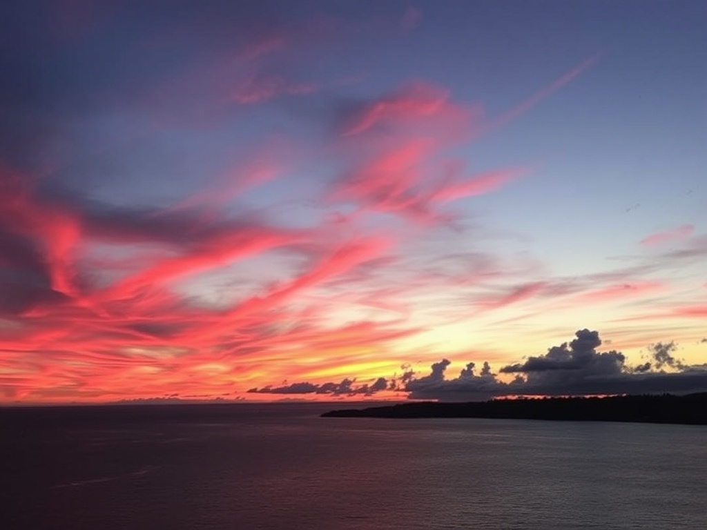 sunset over Georgian Bay vivid orange and pink sky, calm water, silhouette shoreline, dramatic clouds