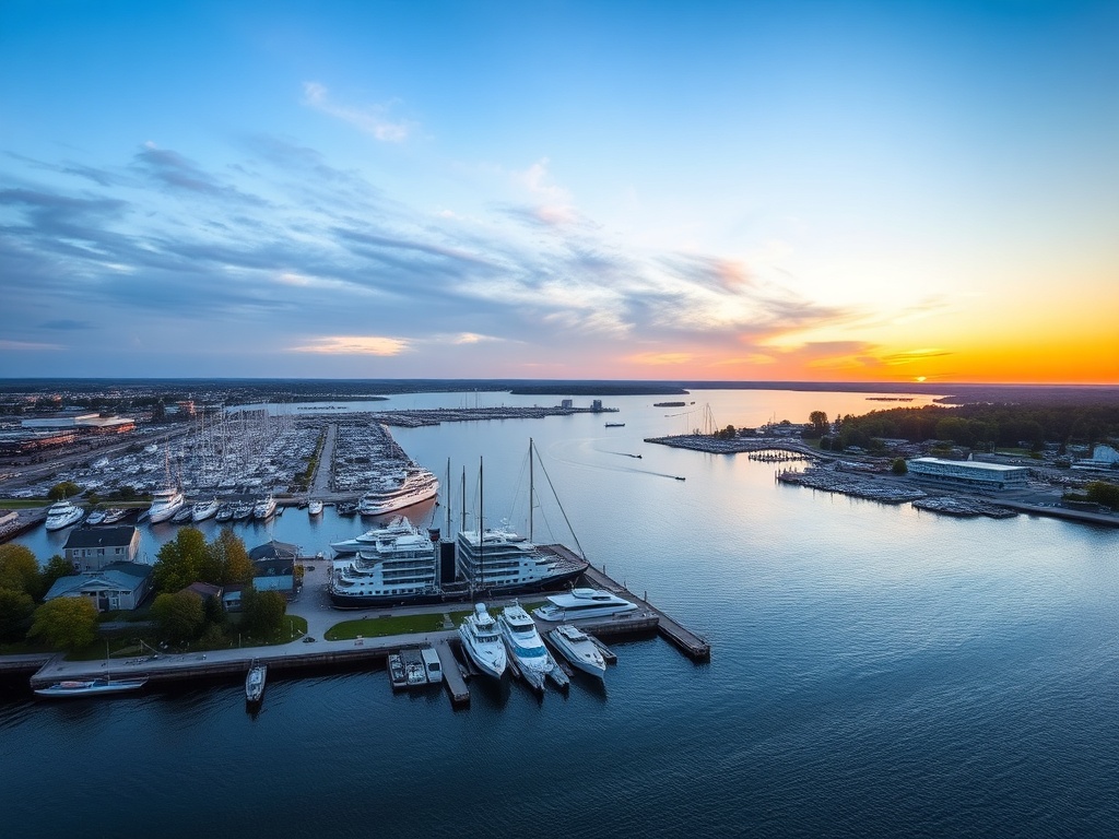 wide panoramic view of Owen Sound harbour at golden hour, soft light, calm atmosphere, expansive sky