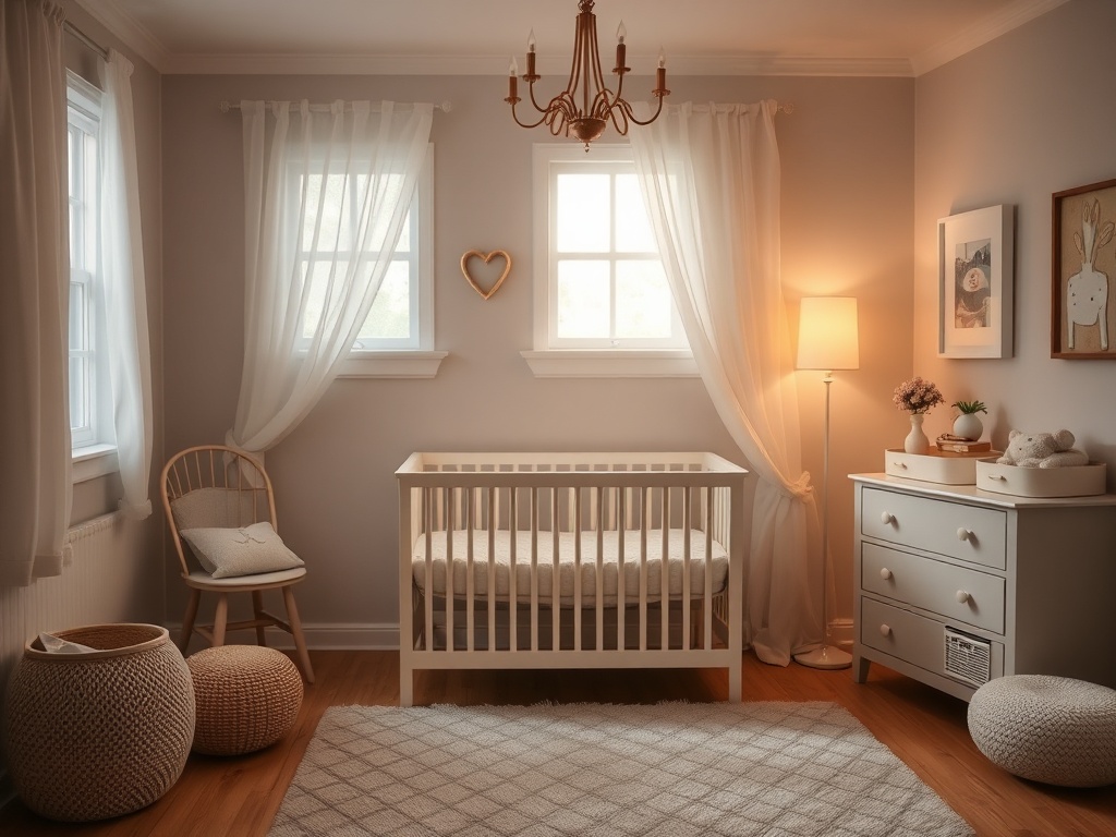 A cozy nursery with a crib, soft lighting, and a peaceful atmosphere.