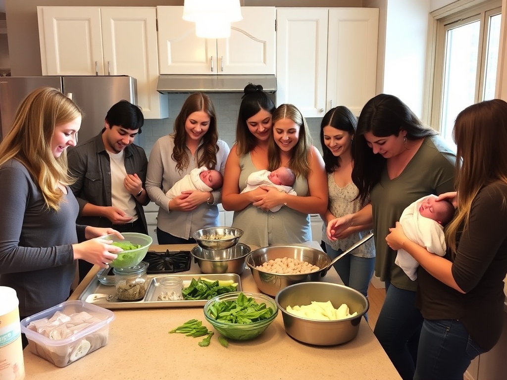 A group of friends and family supporting new parents with meal prep and housework.