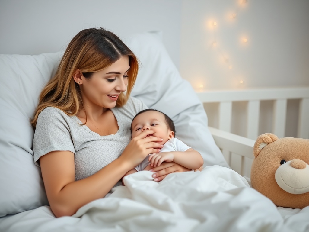 A parent and baby bonding during a bedtime routine, with soft lullabies playing.