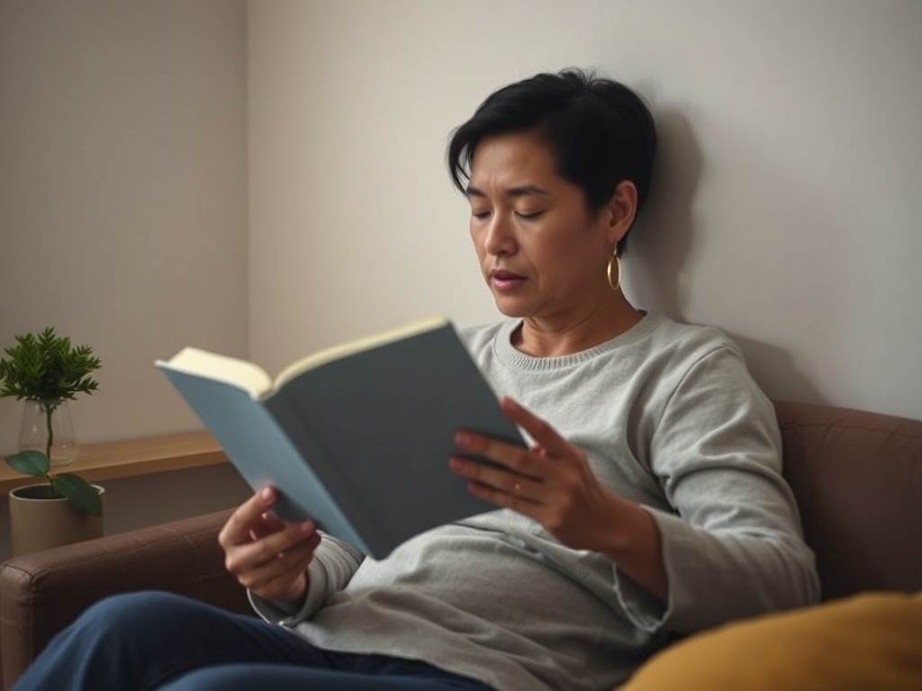 A parent enjoying a peaceful moment alone, reading a book in a cozy corner.