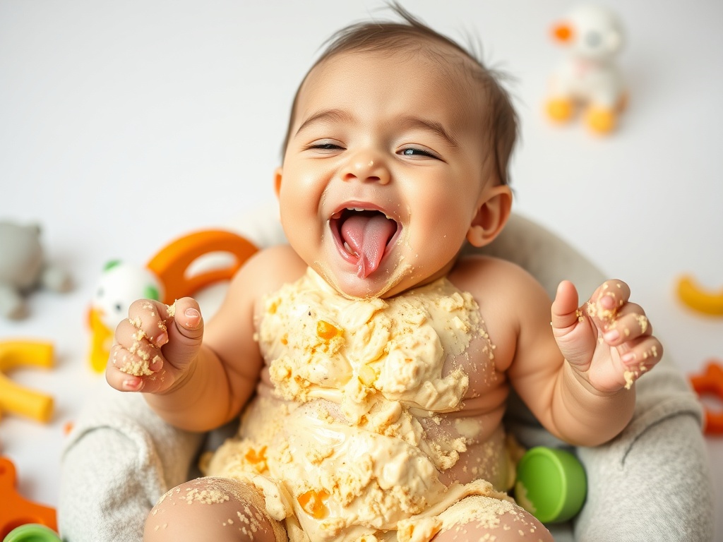A playful moment with a baby covered in baby food, surrounded by toys and laughter.