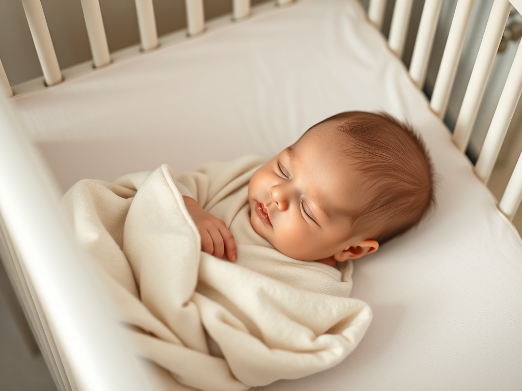 baby sleeping peacefully in crib, soft blanket, calm neutral tones