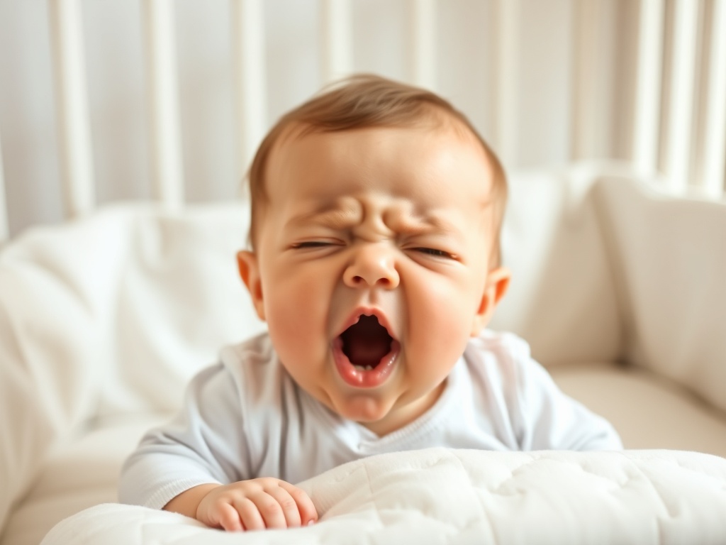 baby yawning and rubbing eyes in soft crib, gentle natural light, peaceful mood