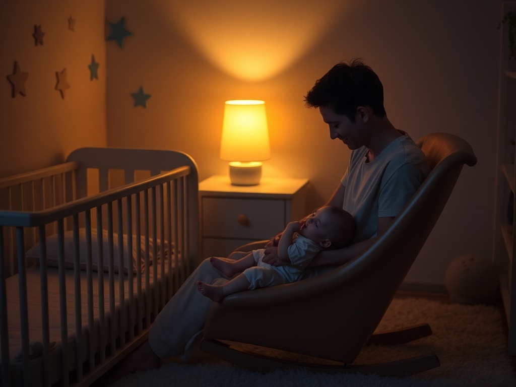 dim nursery with soft lamp, parent rocking baby gently, peaceful bedtime mood
