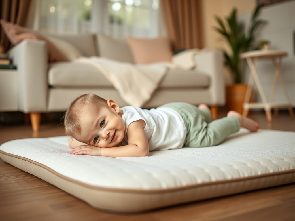 parent doing tummy time with baby on soft mat, warm cozy living room setting