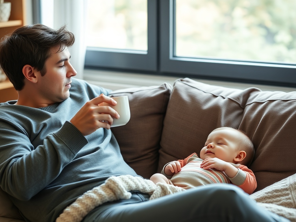 parent drinking coffee while baby rests nearby, relaxed home environment, realistic calm moment