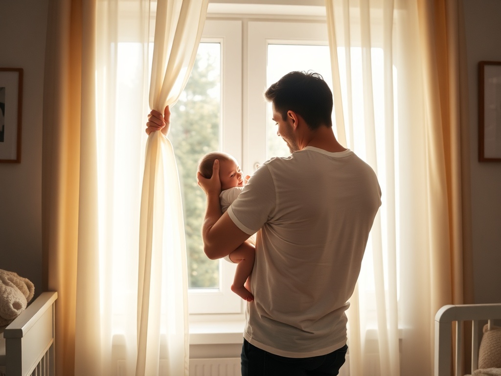 parent opening curtains with baby in arms, sunlight filling nursery, cozy morning routine