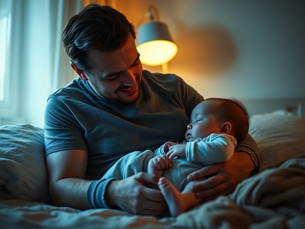 parent soothing fussy baby at night, soft lighting, realistic parenting moment