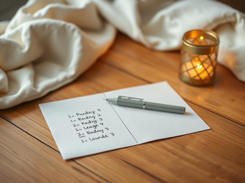 simple baby routine notes on paper with pen, cozy table, soft lighting
