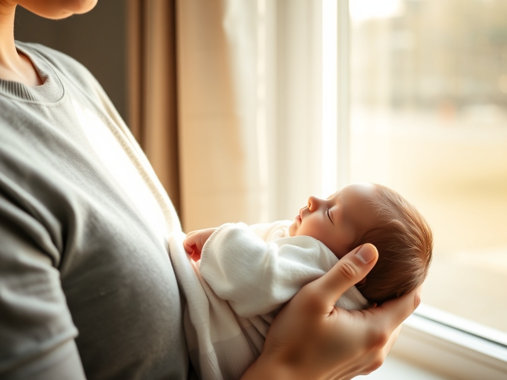 sleepy newborn in soft morning light, parent gently holding baby near window, calm home atmosphere