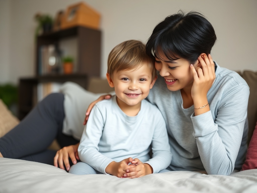 calm family moment, parent and child smiling after resolving conflict, cozy home environment