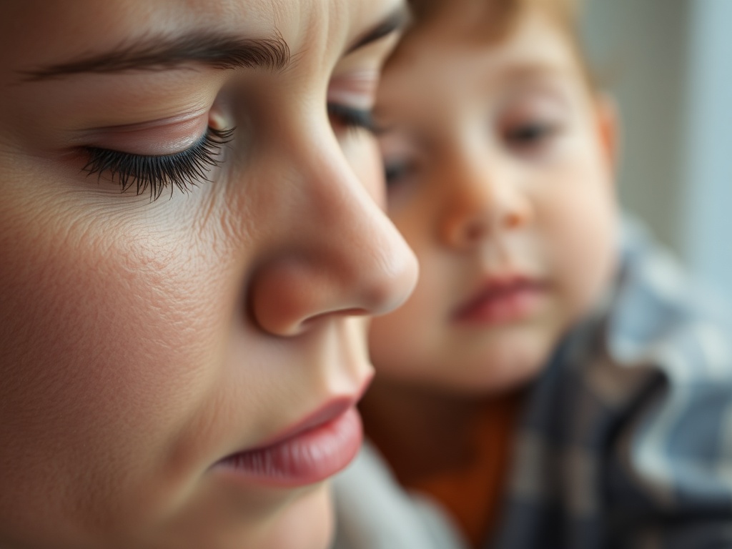 close-up of parent taking a deep breath, eyes soft, child slightly blurred in background, peaceful moment