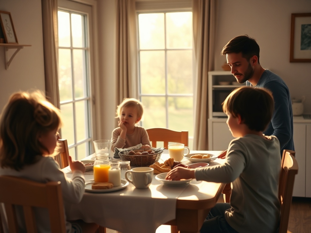 family morning routine slightly chaotic but parent staying calm, breakfast table scene, kids moving around, sunlight through window