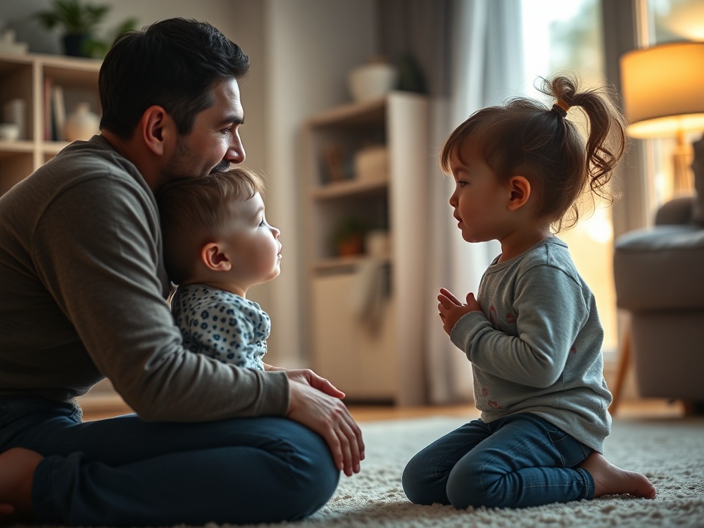 parent kneeling calmly talking to child at eye level in softly lit home, emotional connection, realistic parenting scene