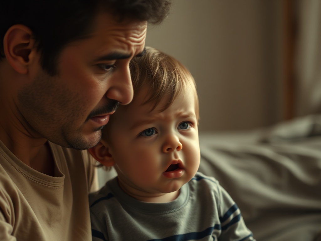 parent looking frustrated mid-reaction, child upset, contrasting moment of tension, cinematic lighting
