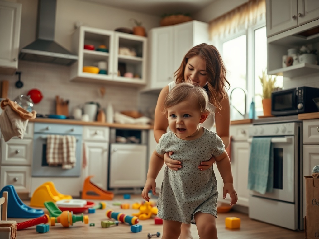 parent looking overwhelmed in messy kitchen with toys scattered, child mid-tantrum, natural lighting, documentary style
