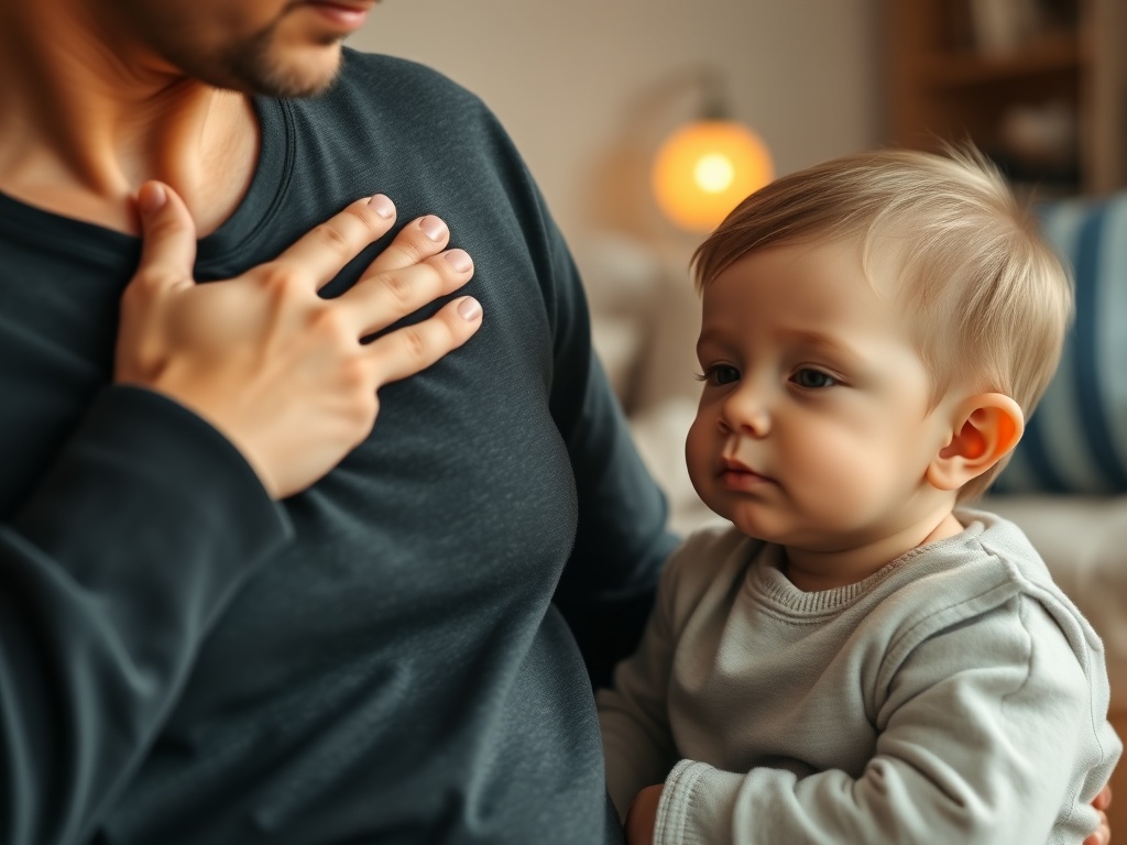 parent placing hand on chest taking calming breath while child nearby, warm natural home setting