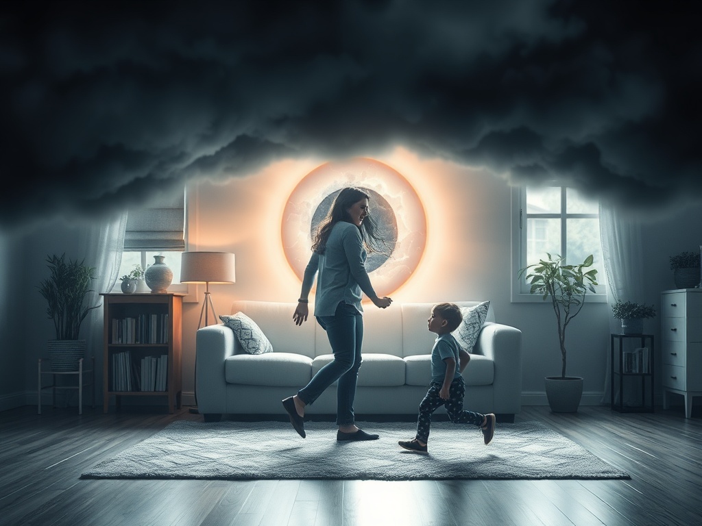 symbolic calm eye in storm metaphor inside home setting, parent centered and grounded while kids move around