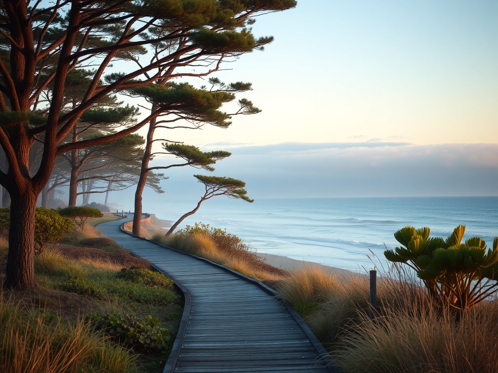 coastal boardwalk parksville morning soft light trees ocean view quiet